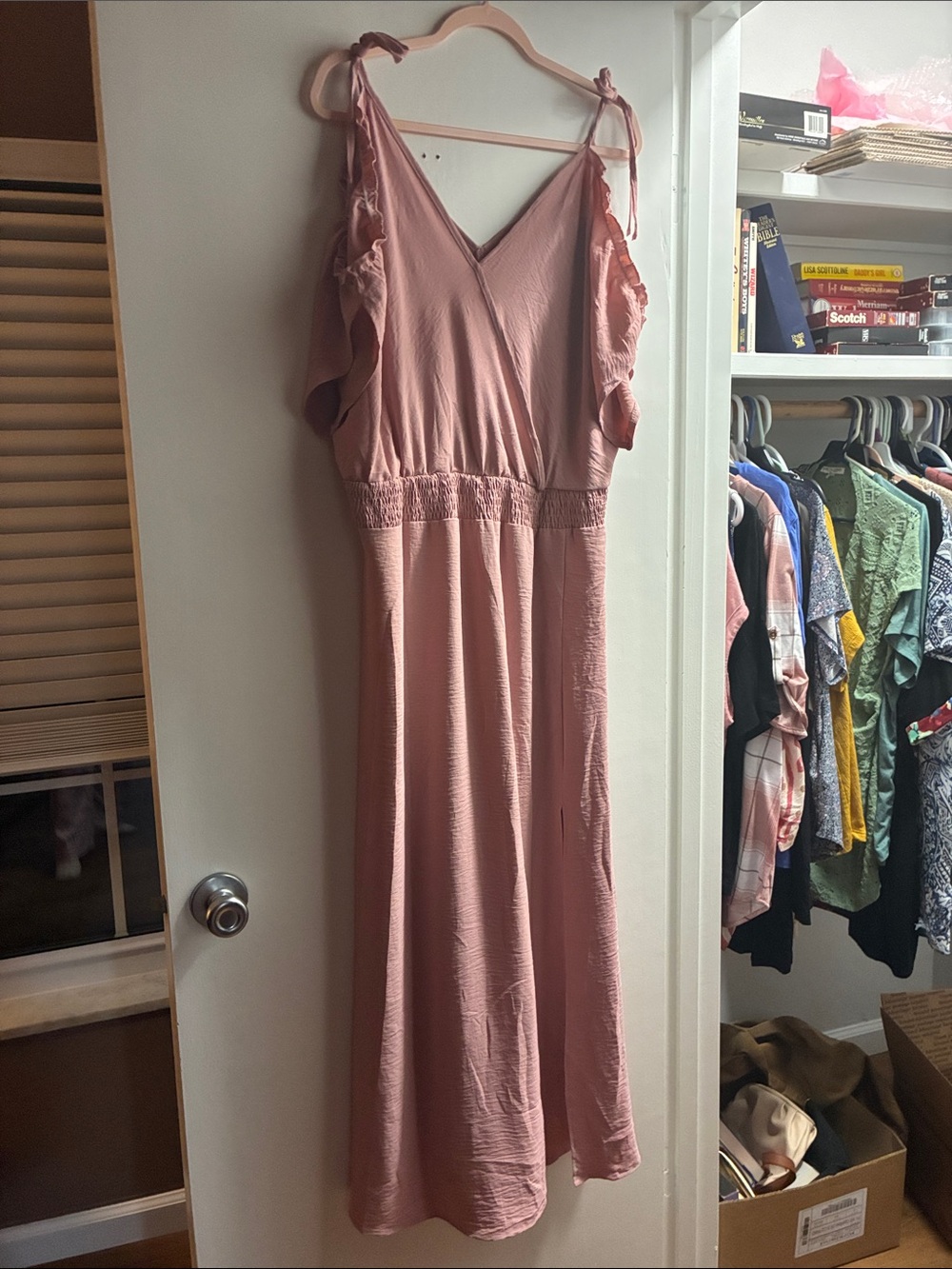 Tie-Shoulder V-Neck Maxi Dress in Dusty Rose